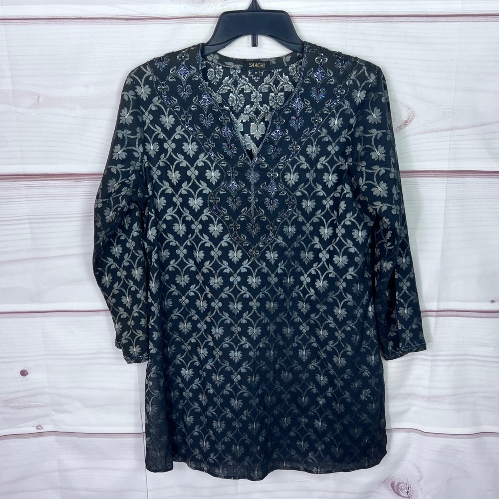 Saachi Top Womens M Black Jacquard Tunic Blouse Beaded Long Sleeve Side Slit